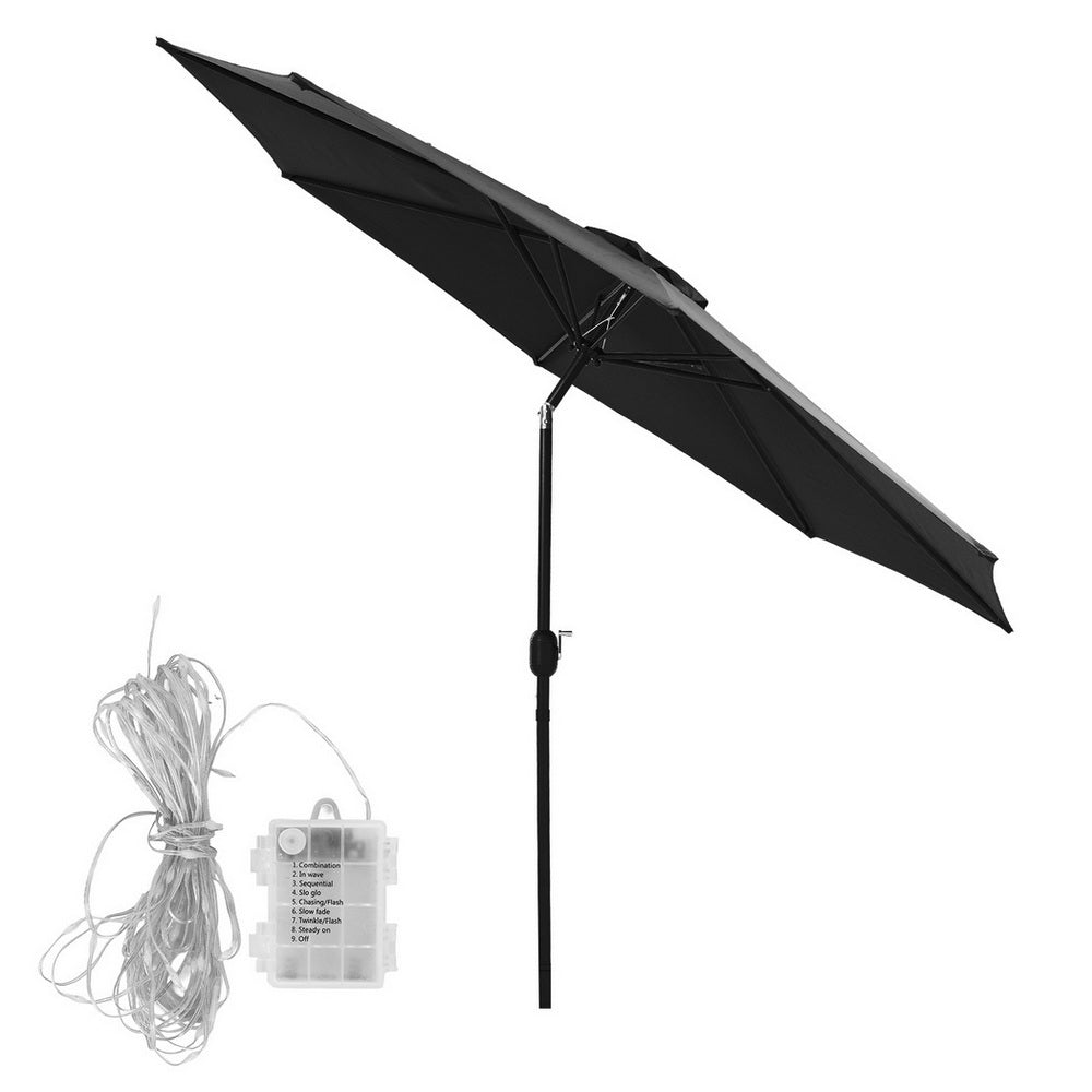 Instahut Outdoor Umbrella 2.9m Market Umbrella with String Light Tilt Black XFEL-UMB-FLAP-LED-BK