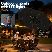 Instahut Outdoor Umbrella 2.9m Market Umbrella with String Light Tilt Black XFEL-UMB-FLAP-LED-BK