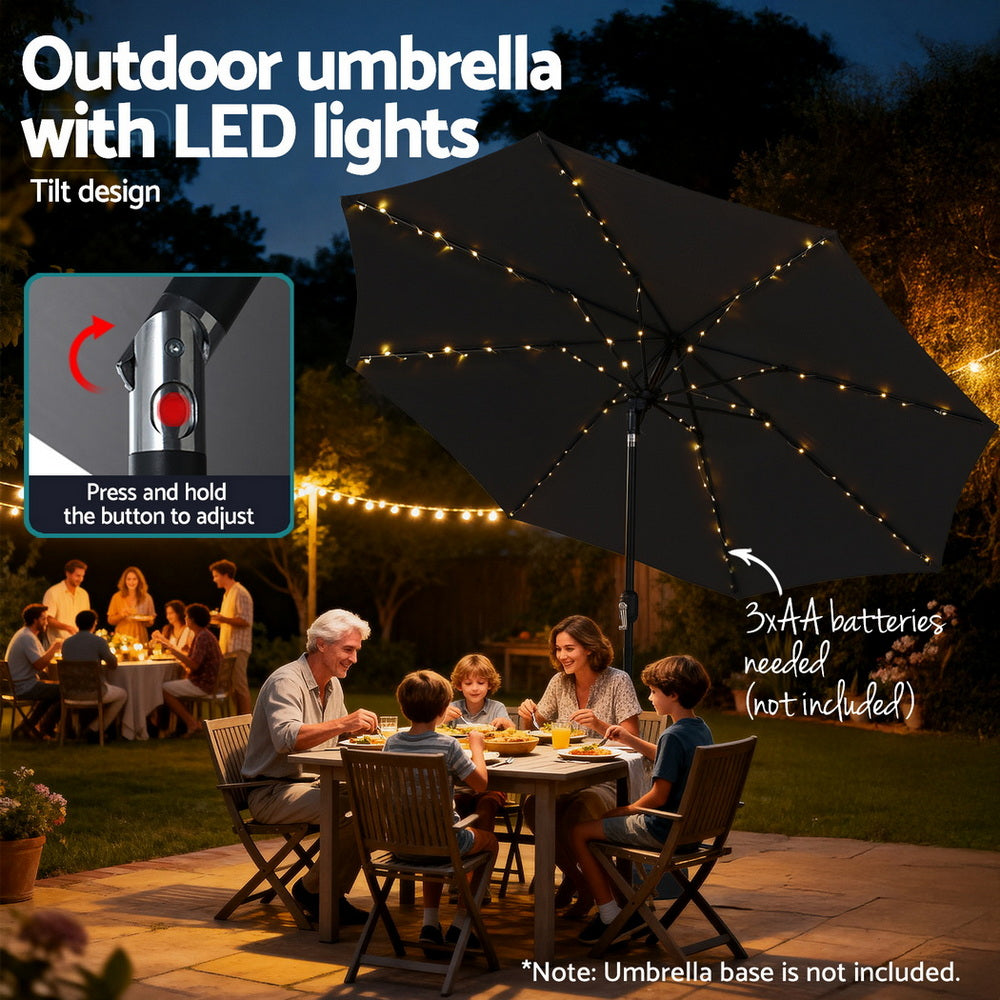 Instahut Outdoor Umbrella 2.9m Market Umbrella with String Light Tilt Black XFEL-UMB-FLAP-LED-BK