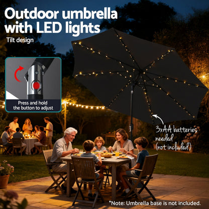 Instahut Outdoor Umbrella 2.9m Market Umbrella with String Light Tilt Black XFEL-UMB-FLAP-LED-BK