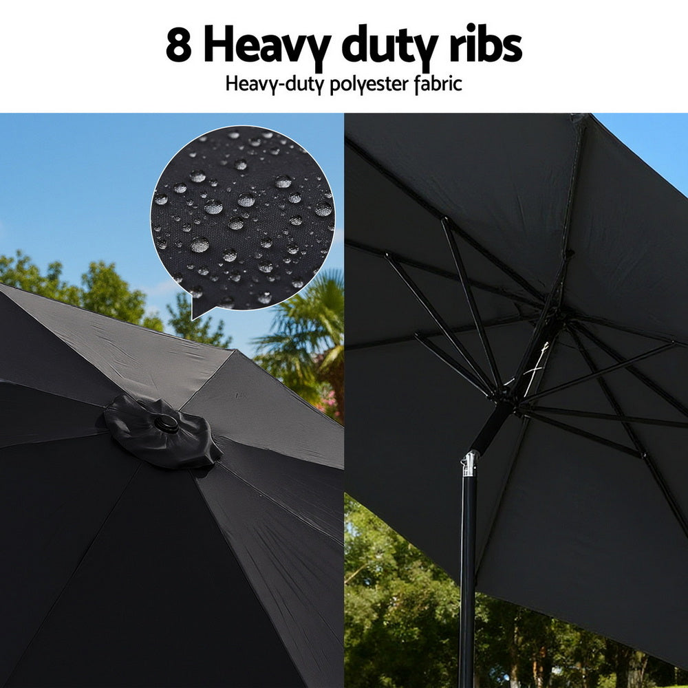 Instahut Outdoor Umbrella 2.9m Market Umbrella with String Light Tilt Black XFEL-UMB-FLAP-LED-BK