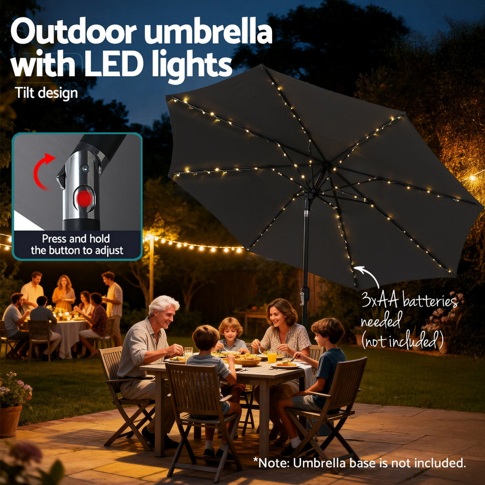 Instahut Outdoor Umbrella 2.9m Market Umbrella with String Light Tilt Charcoal Shade XFEL-UMB-FLAP-LED-CO