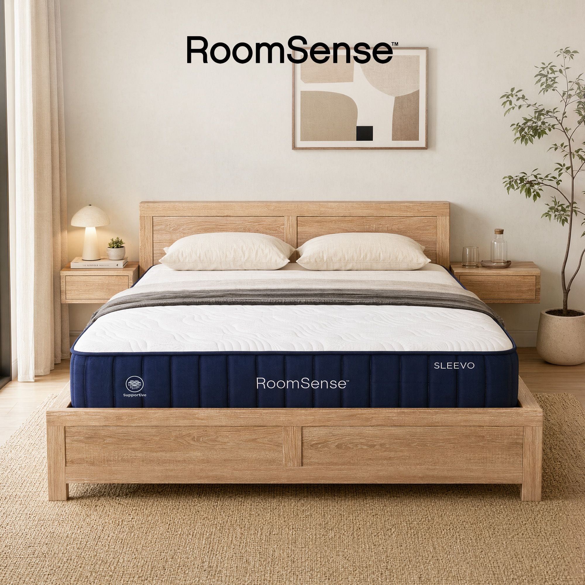 RoomSense Double 26cm Firm Mattress Bundle with Oatmeal Wooden Bed Frame
