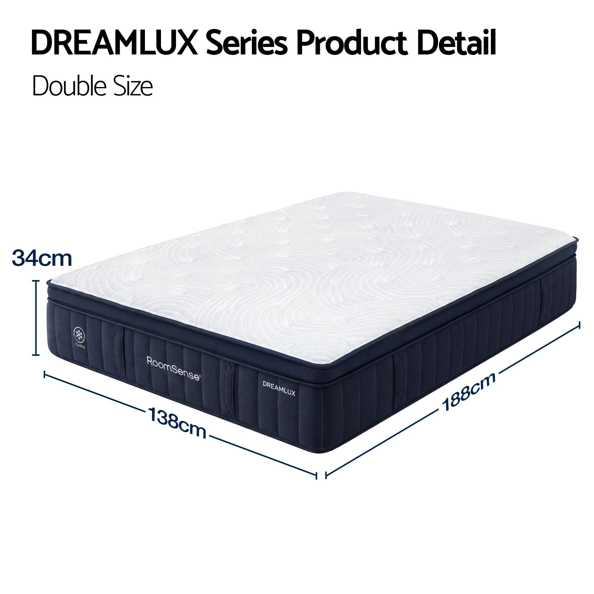 RoomSense Double Mattress, 34cm Thick Medium Firm Hybrid Mattress for Back Pain Relief, Tencel Cooling Pocket Spring Mattress Double Size in a Box