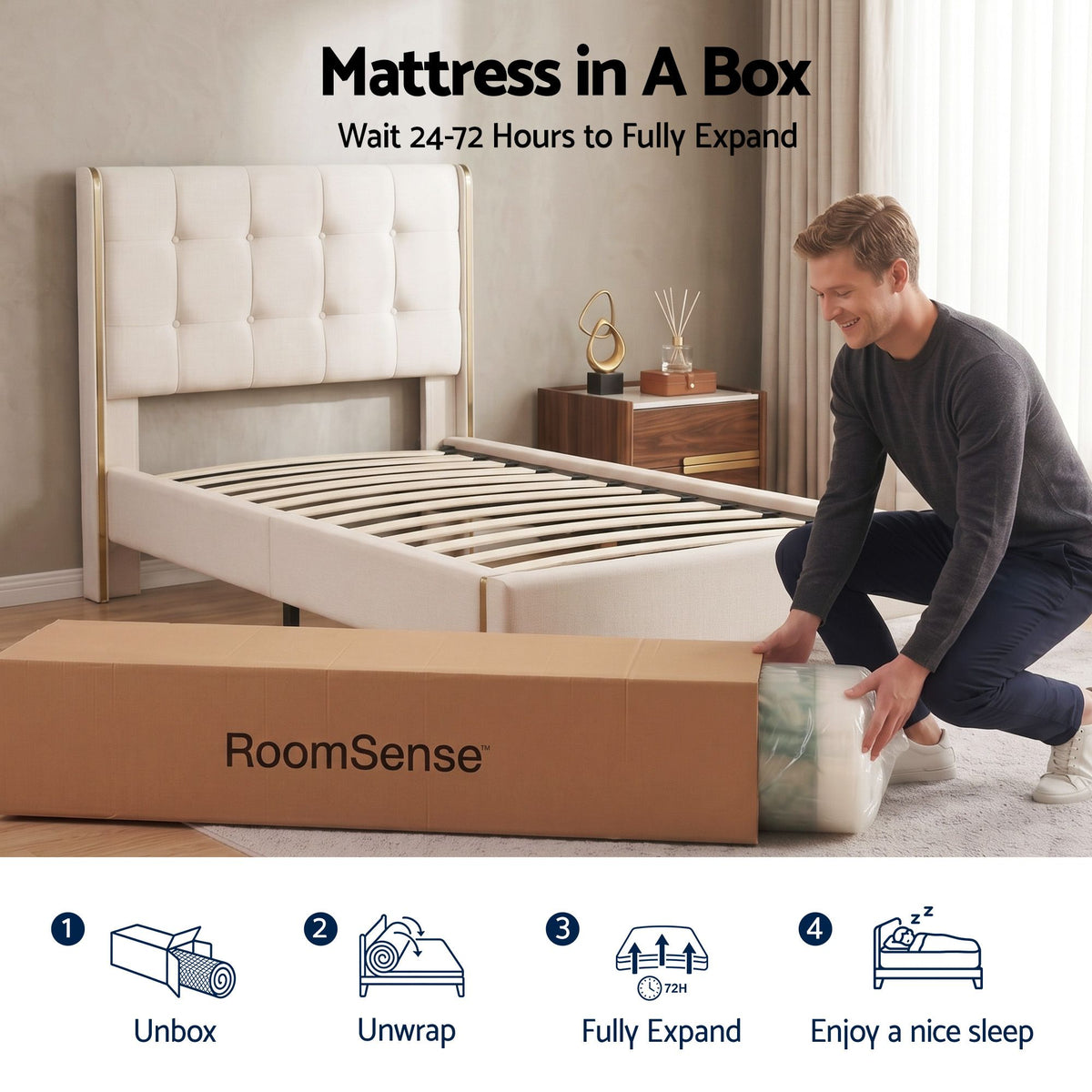 RoomSense Double Mattress, 34cm Thick Medium Firm Hybrid Mattress for Back Pain Relief, Tencel Cooling Pocket Spring Mattress Double Size in a Box