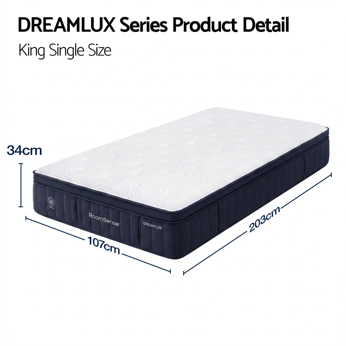 RoomSense King Single Mattress, 34cm Thick Medium Firm Hybrid Mattress for Back Pain Relief, Tencel Cooling Pocket Spring Mattress King Single Size in a Box