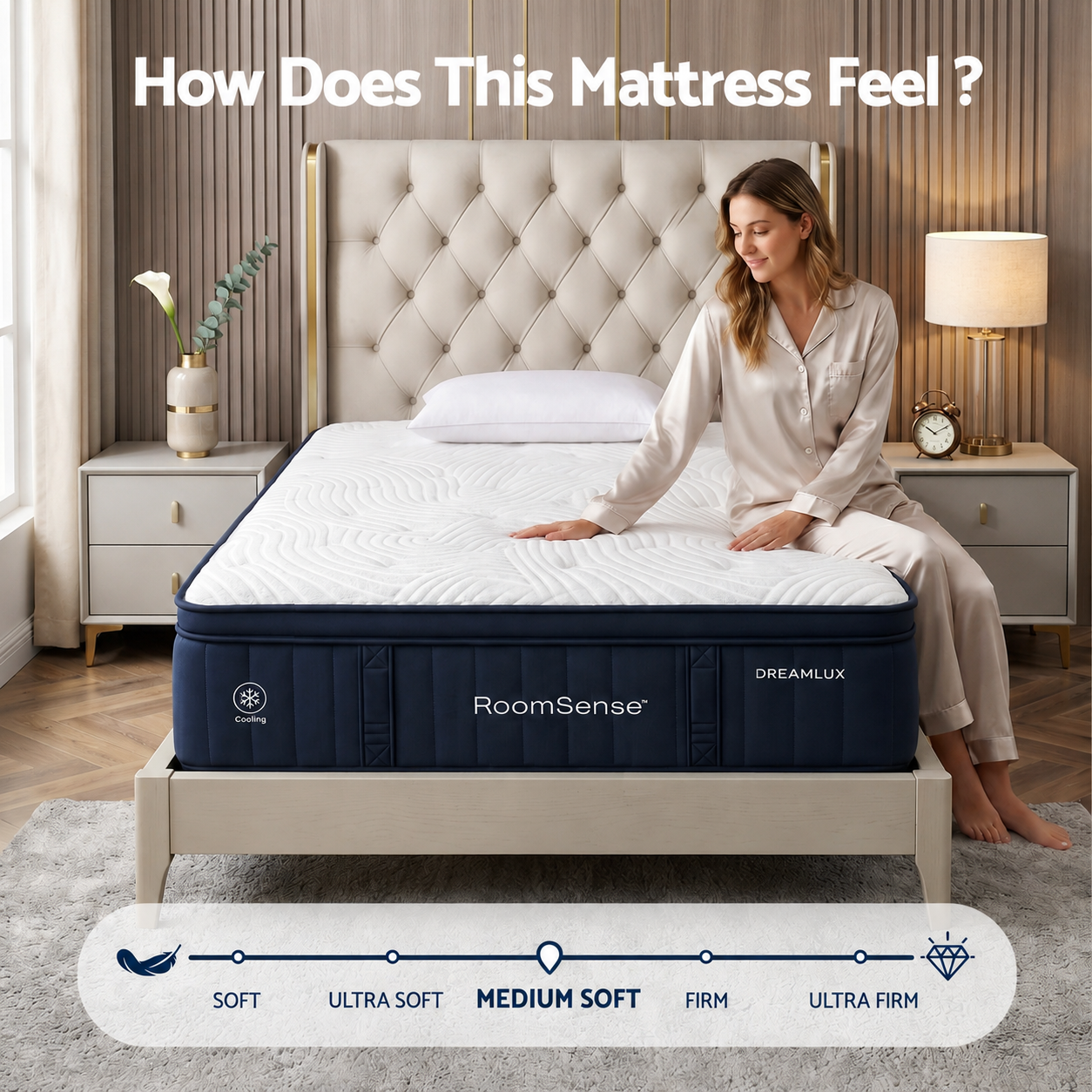RoomSense Single Mattress, 34cm Thick Medium Firm Hybrid Mattress for Back Pain Relief, Tencel Cooling Pocket Spring Mattress Single Size in a Box