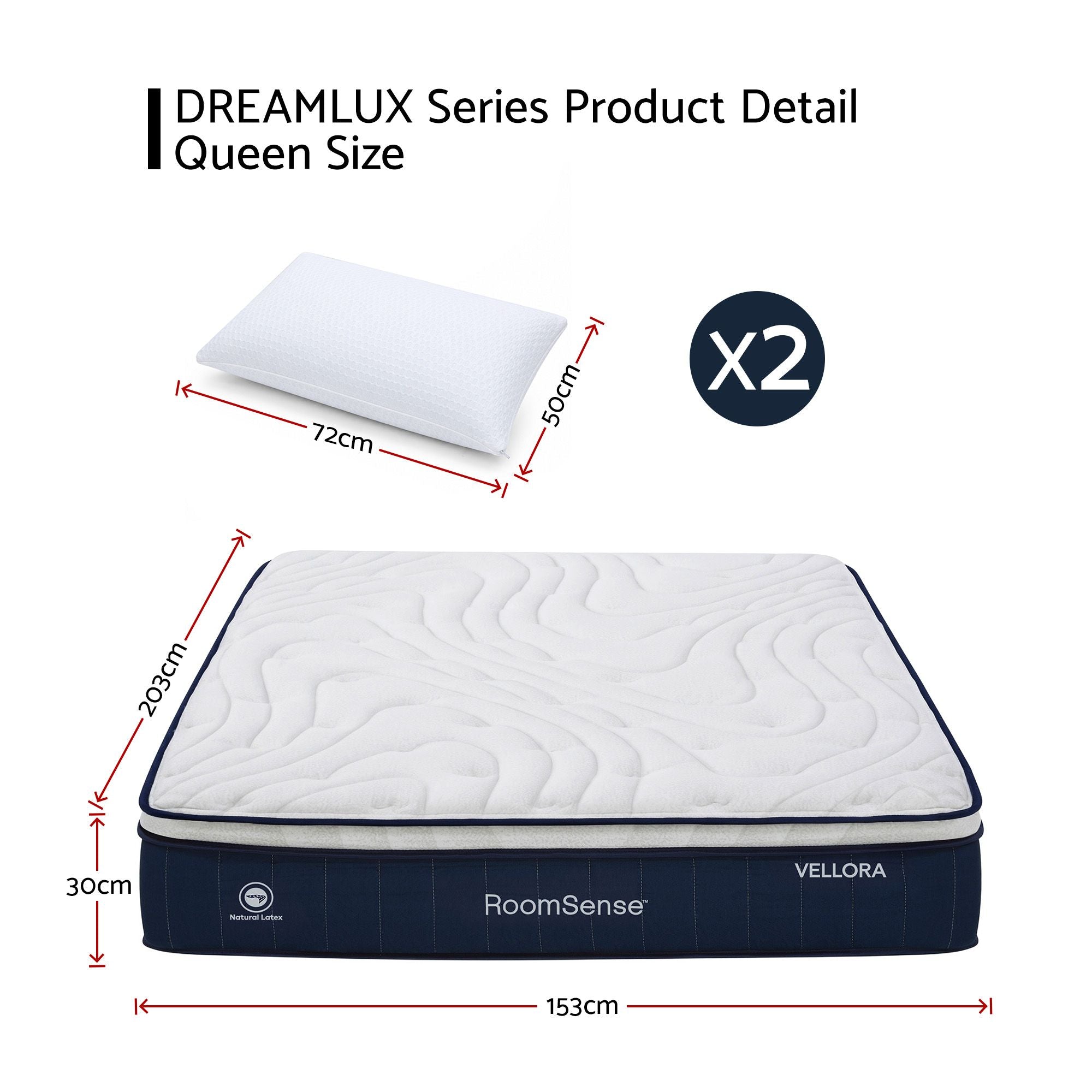 RoomSense Queen 30cm Medium Firm Latex Mattress, 2 Gel Cooling Pillows