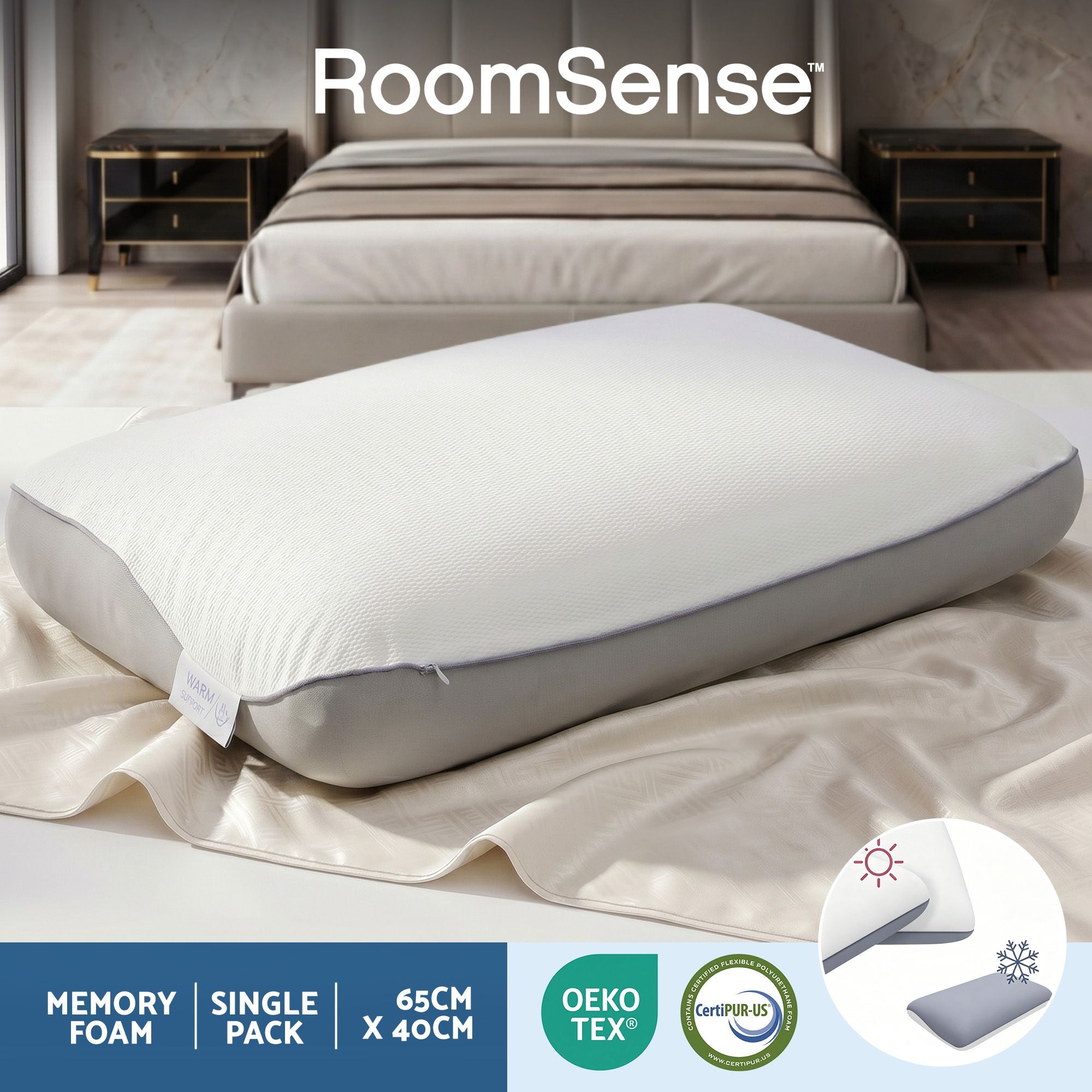 RoomSense Cooling Memory Foam Pillows Queen Size 1 Pack, Dual-Sided Bed Pillows for Hot Sleepers, 55D Solid XFKF-PL-1168R-WH