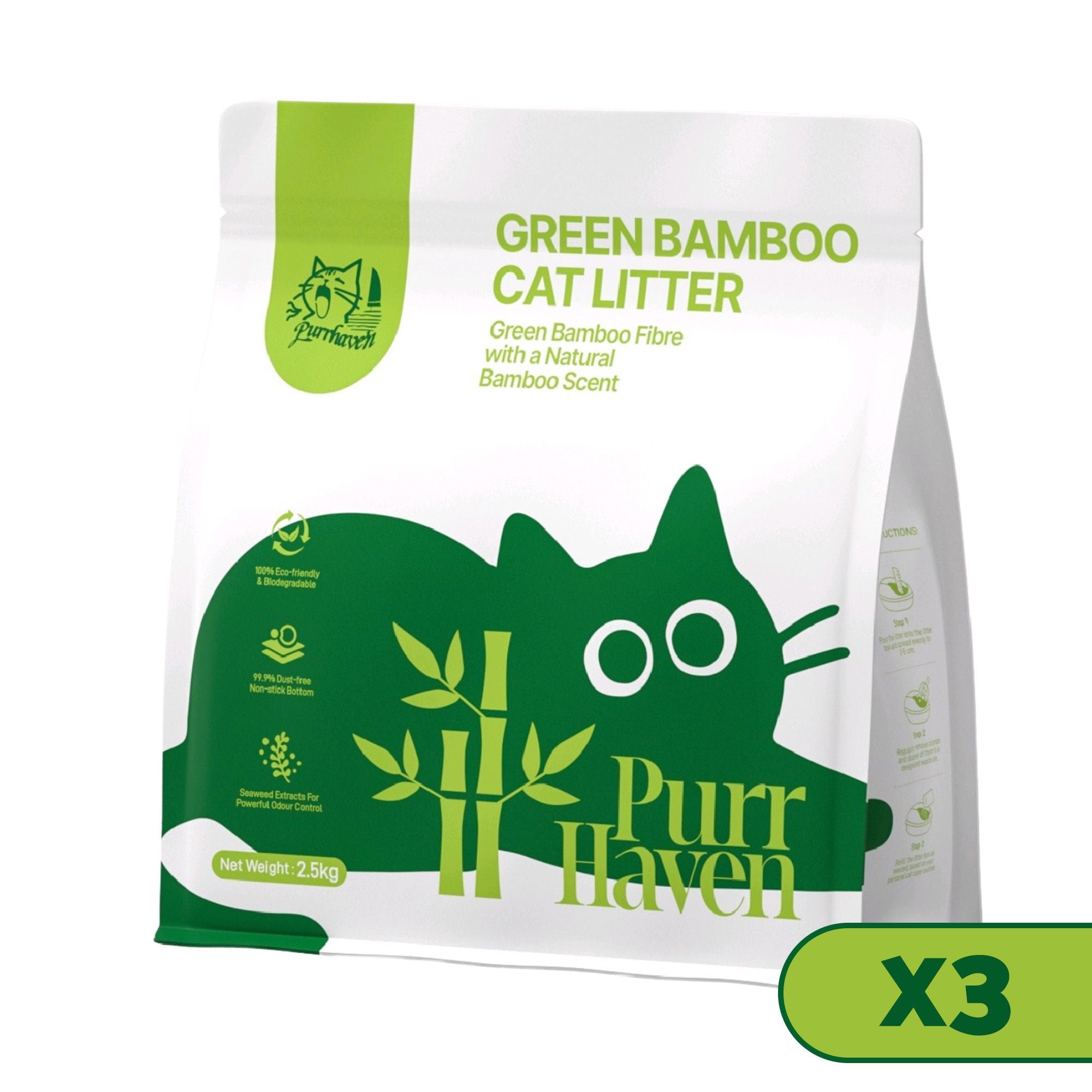 PurrHaven Bamboo Clumping Cat & Kitty Litter, 7.5kg (3 Pack),Dust Free,Natural Flusable,Easy to Clean,Odour XFPH-CL-BM-3GR