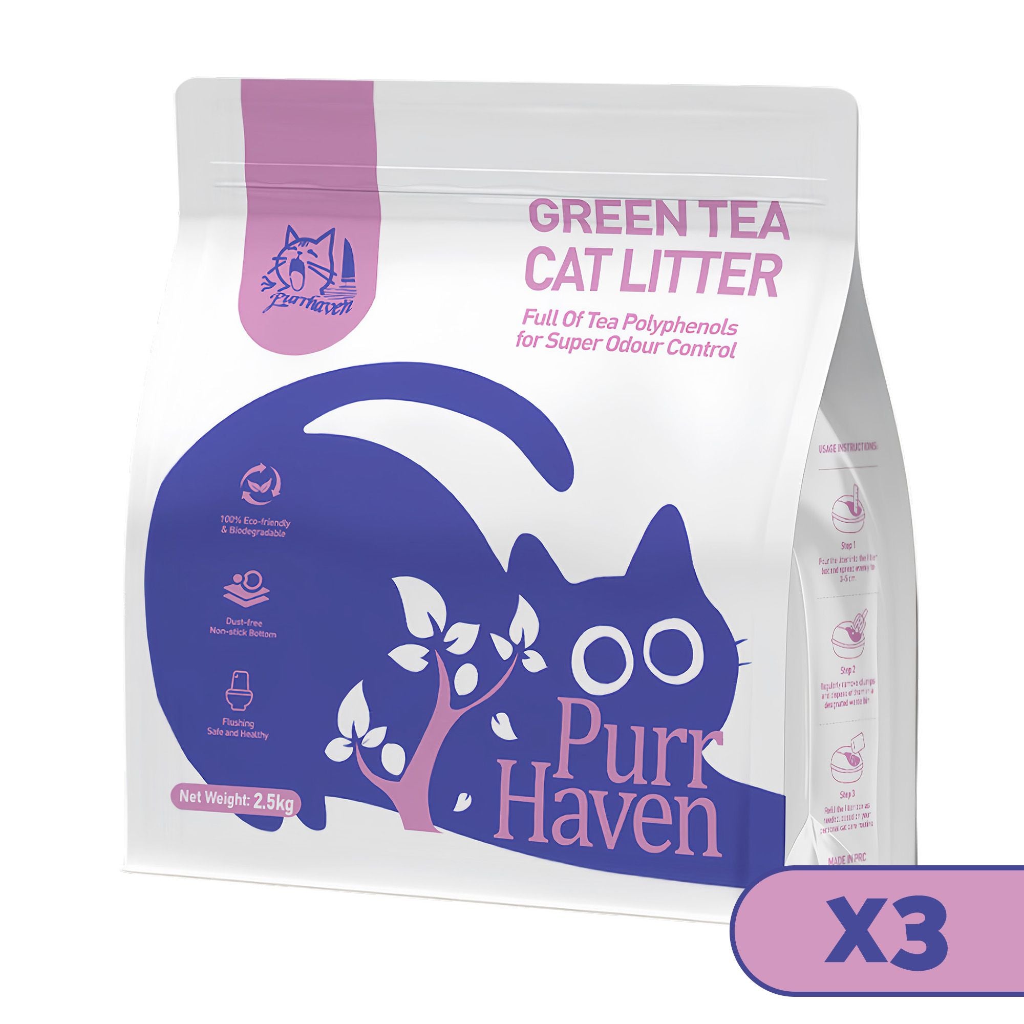 PurrHaven Green Tea Clumping Cat & Kitty Litter, 7.5kg (3 Pack),Dust Free,Natural Flusable,Easy to XFPH-CL-GT-3PL