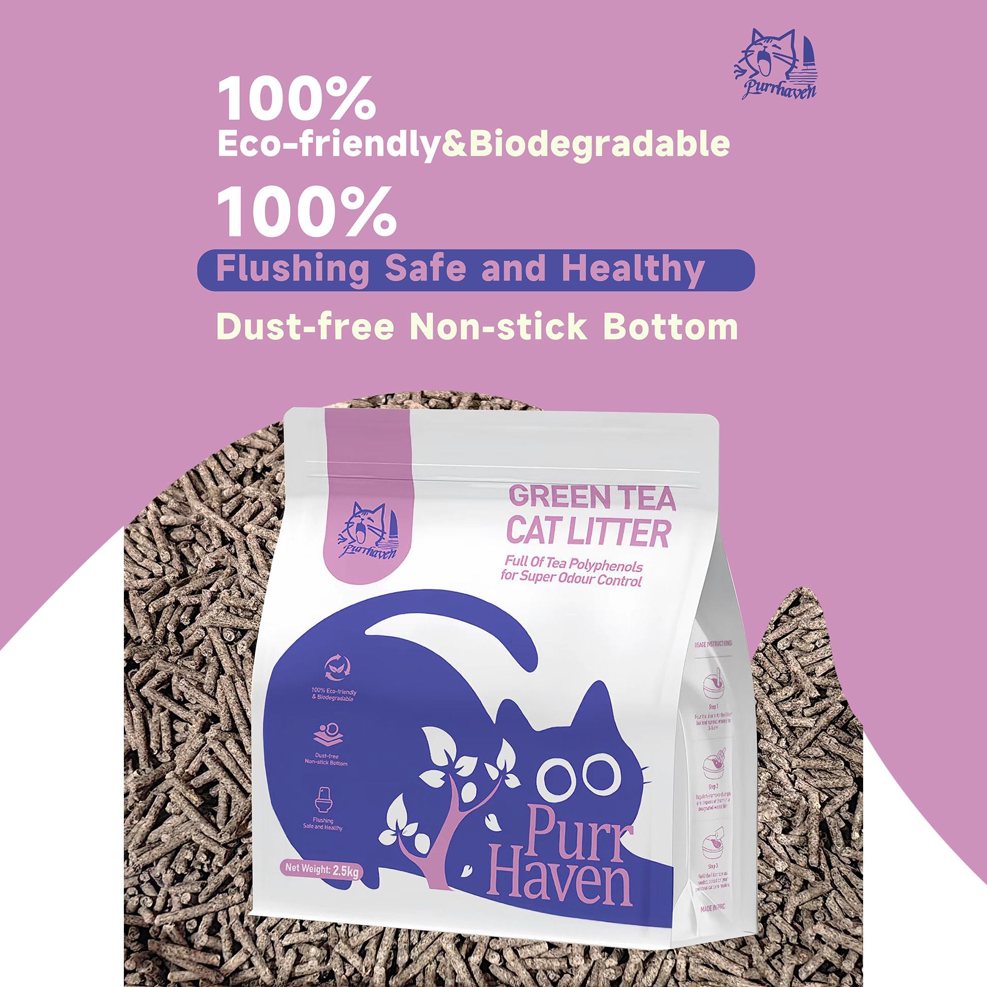 PurrHaven Green Tea Clumping Cat & Kitty Litter, 7.5kg (3 Pack),Dust Free,Natural Flusable,Easy to XFPH-CL-GT-3PL