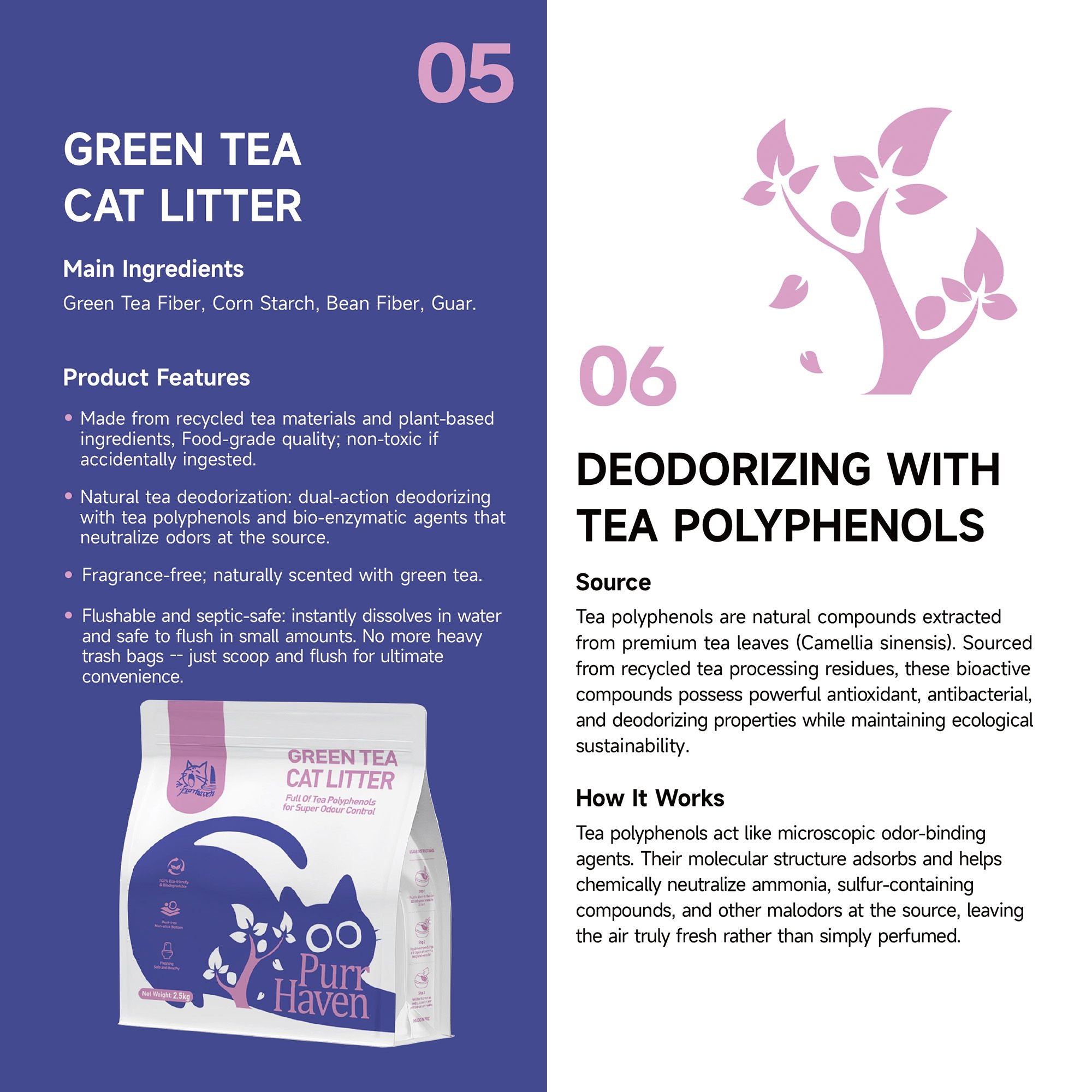 PurrHaven Green Tea Clumping Cat & Kitty Litter, 7.5kg (3 Pack),Dust Free,Natural Flusable,Easy to XFPH-CL-GT-3PL