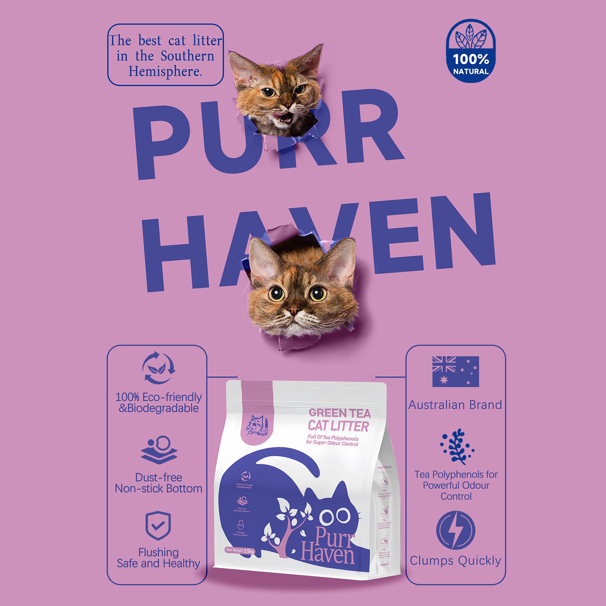 PurrHaven Green Tea Clumping Cat & Kitty Litter, 15kg (6 Pack),Dust Free,Natural Flusable,Easy to Clean,Odour XFPH-CL-GT-PL