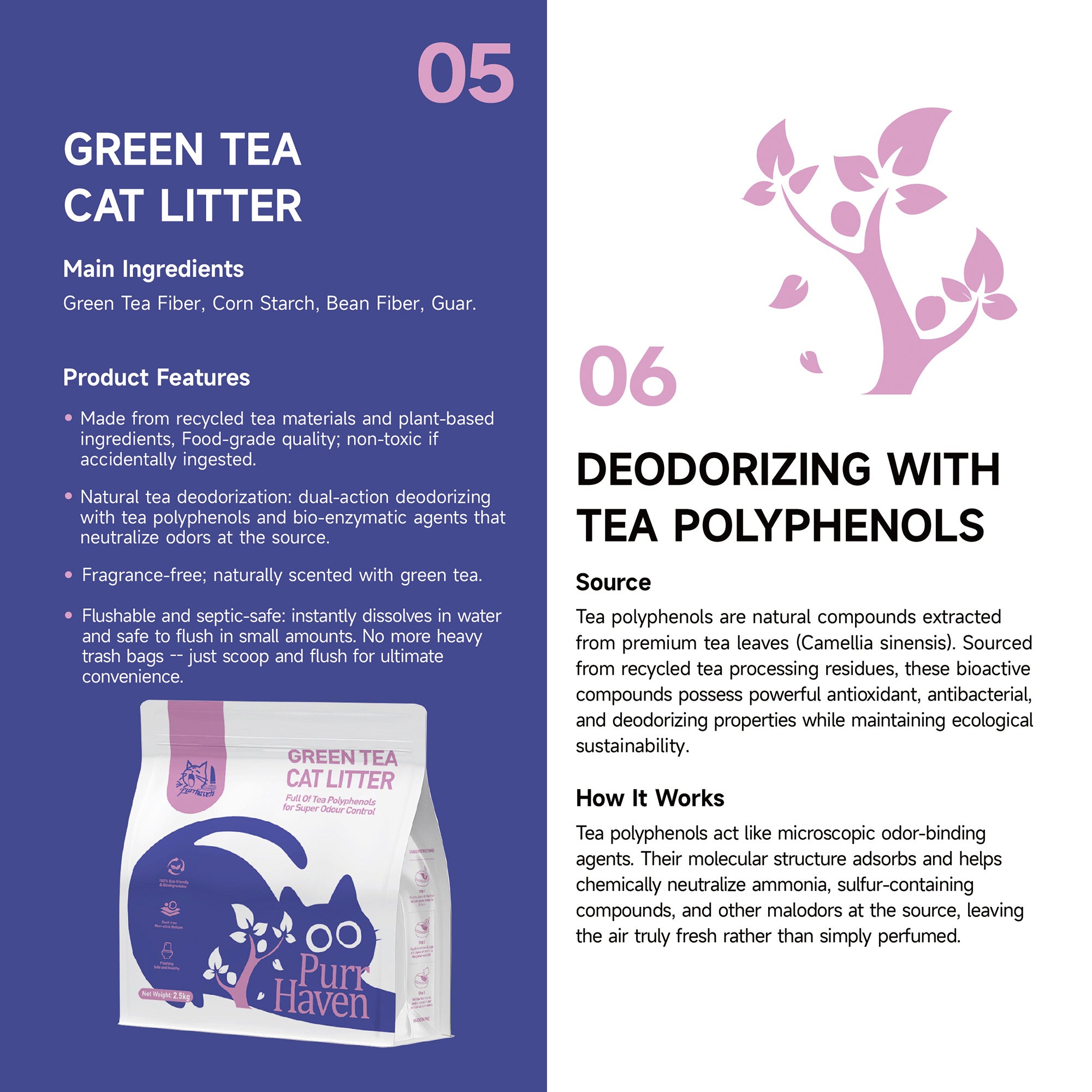PurrHaven Green Tea Clumping Cat & Kitty Litter, 15kg (6 Pack),Dust Free,Natural Flusable,Easy to Clean,Odour XFPH-CL-GT-PL