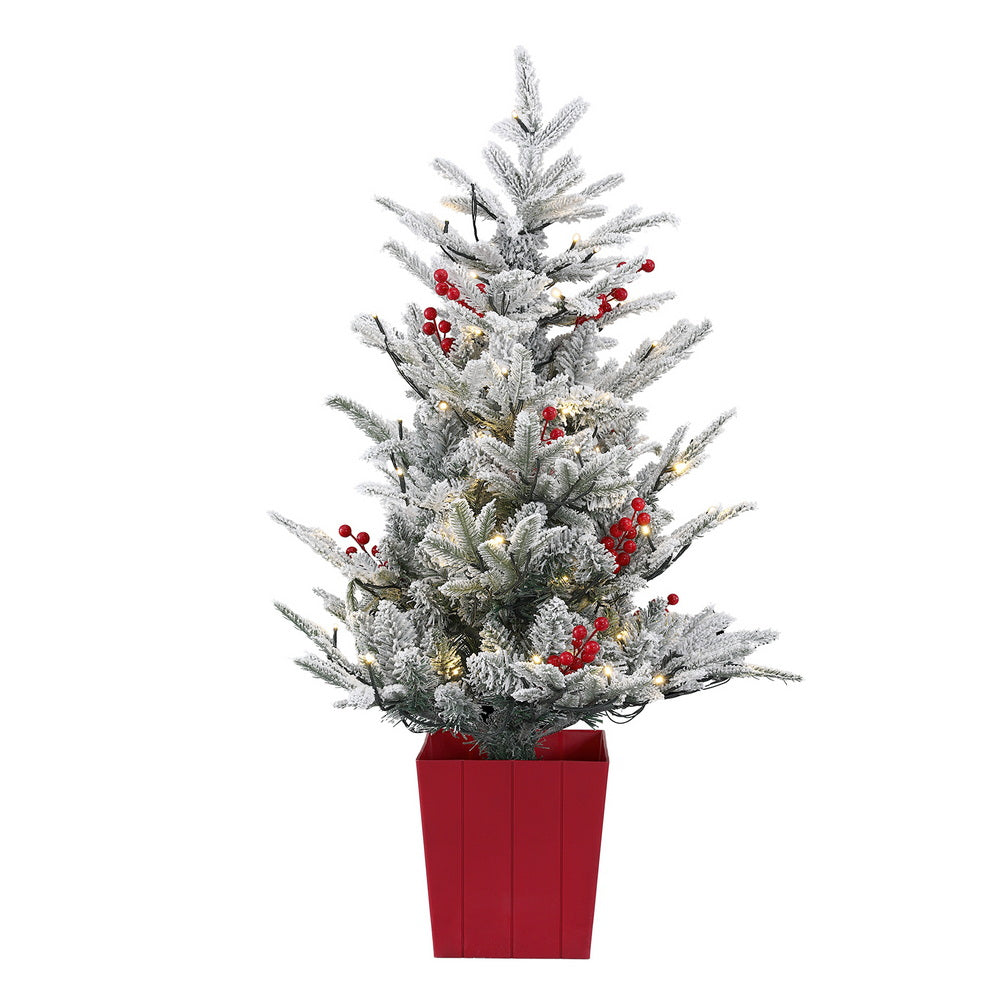 Jingle Jollys Christmas Tree 1M LED Potted Xmas Party Decor Red Barries Flocked XM-TR-3FT-GS-LED-POT