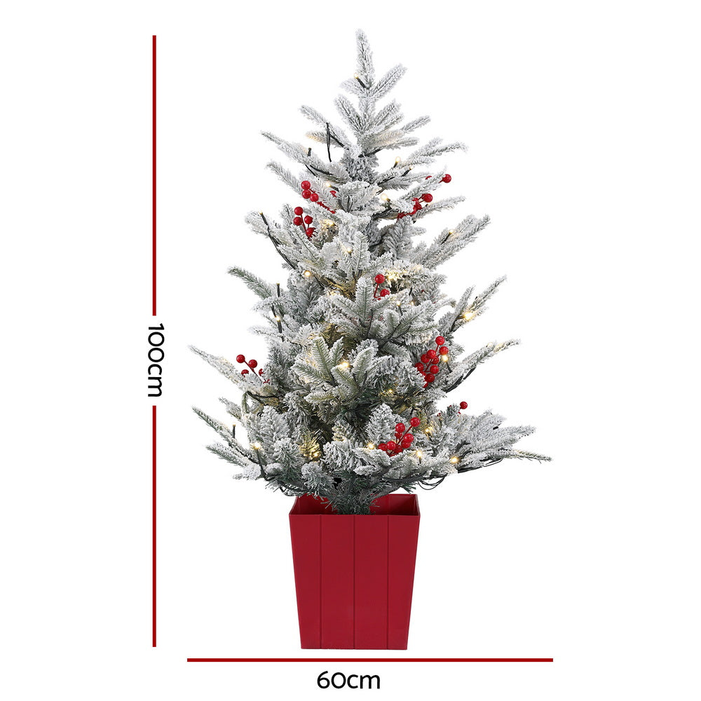 Jingle Jollys Christmas Tree 1M LED Potted Xmas Party Decor Red Barries Flocked XM-TR-3FT-GS-LED-POT