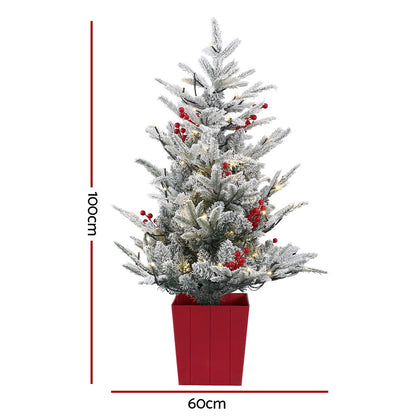 Jingle Jollys Christmas Tree 1M LED Potted Xmas Party Decor Red Barries Flocked XM-TR-3FT-GS-LED-POT