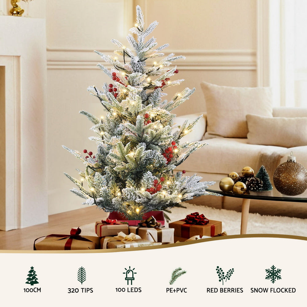Jingle Jollys Christmas Tree 1M LED Potted Xmas Party Decor Red Barries Flocked XM-TR-3FT-GS-LED-POT