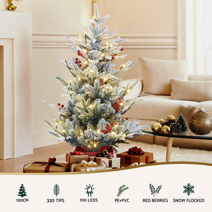 Jingle Jollys Christmas Tree 1M LED Potted Xmas Party Decor Red Barries Flocked XM-TR-3FT-GS-LED-POT