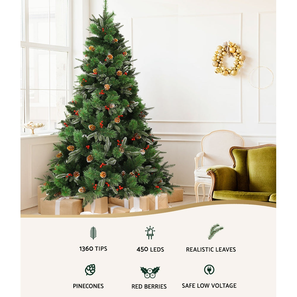 Jingle Jollys 2.1M Christmas Tree with Pine Cones Red Berries Prelit LED Warm Lights XM-TR-FULL-7F-PE-LED