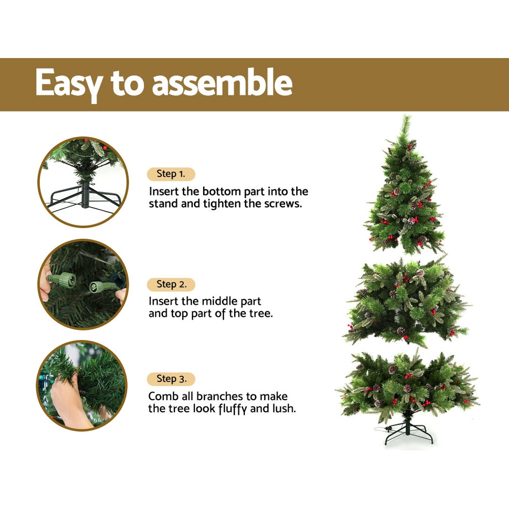 Jingle Jollys 2.1M Christmas Tree with Pine Cones Red Berries Prelit LED Warm Lights XM-TR-FULL-7F-PE-LED