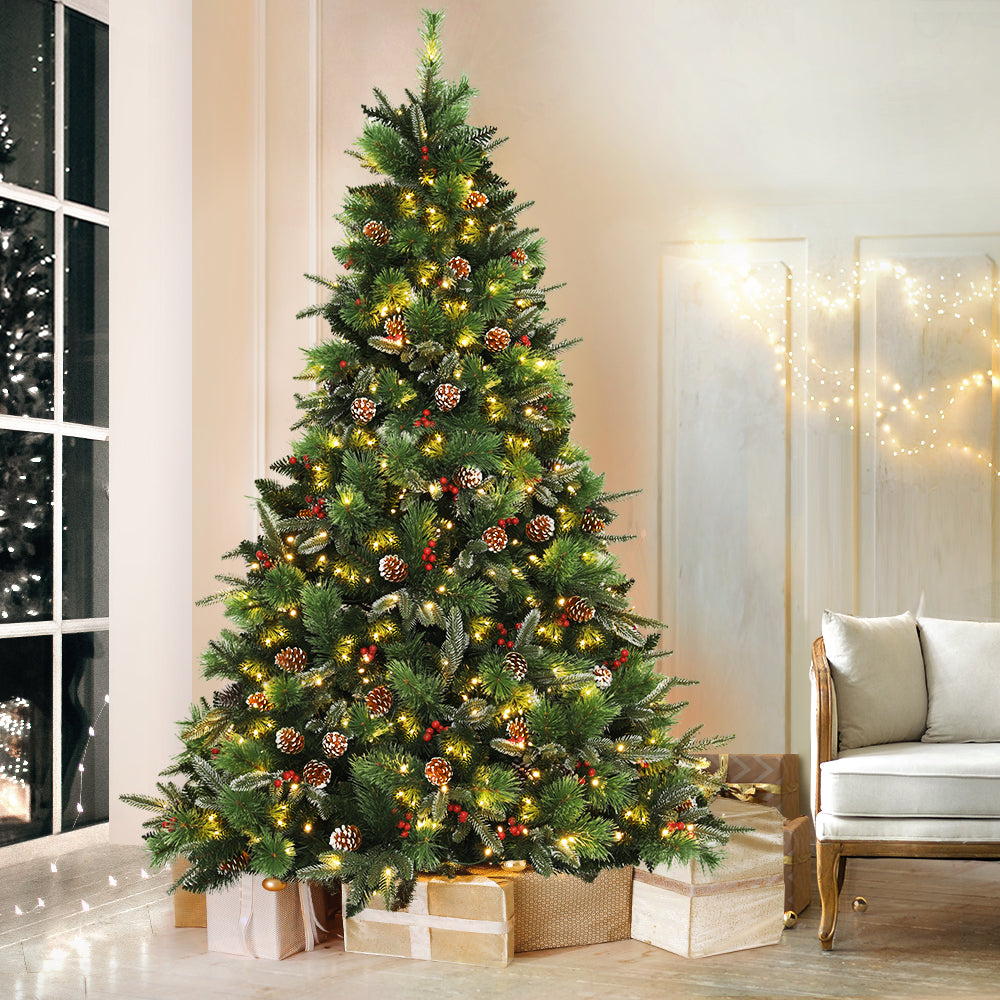 Jingle Jollys 2.1M Christmas Tree with Pine Cones Red Berries Prelit LED Warm Lights XM-TR-FULL-7F-PE-LED
