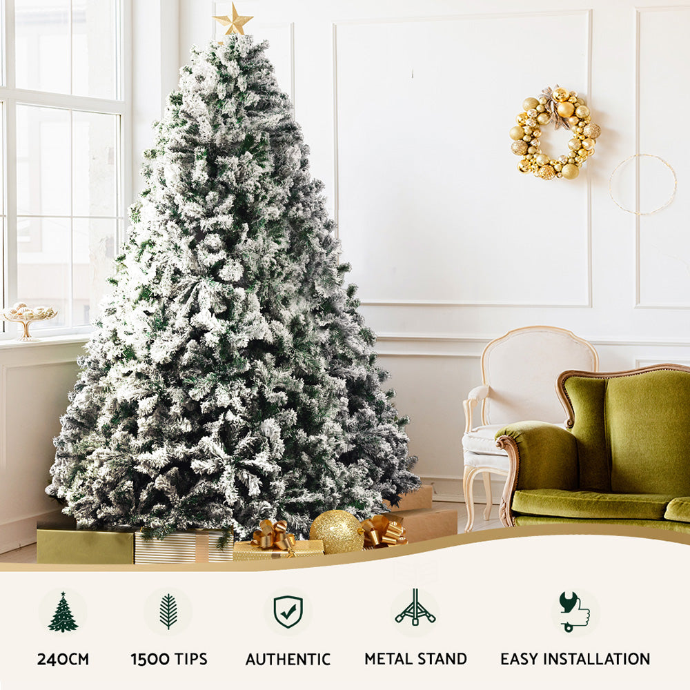 Jingle Jollys Christmas Tree 2.4M Xmas Tree Decorations Snow Flocked 1500 Tips XM-TR-FULL-8F-GS