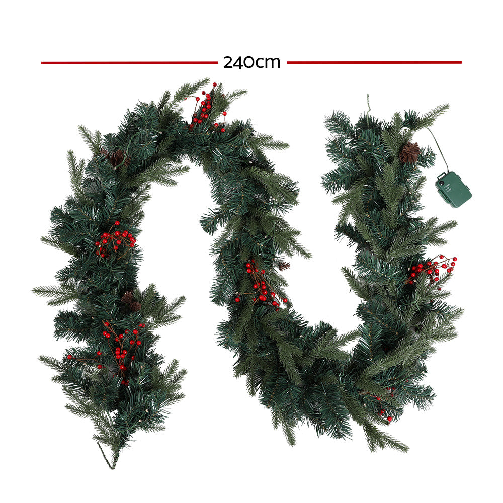 Jingle Jollys 2.4m Christmas Garland with LED Lights Decorations Xmas Party XM-TR-GAR-8FT-BERRY-LED