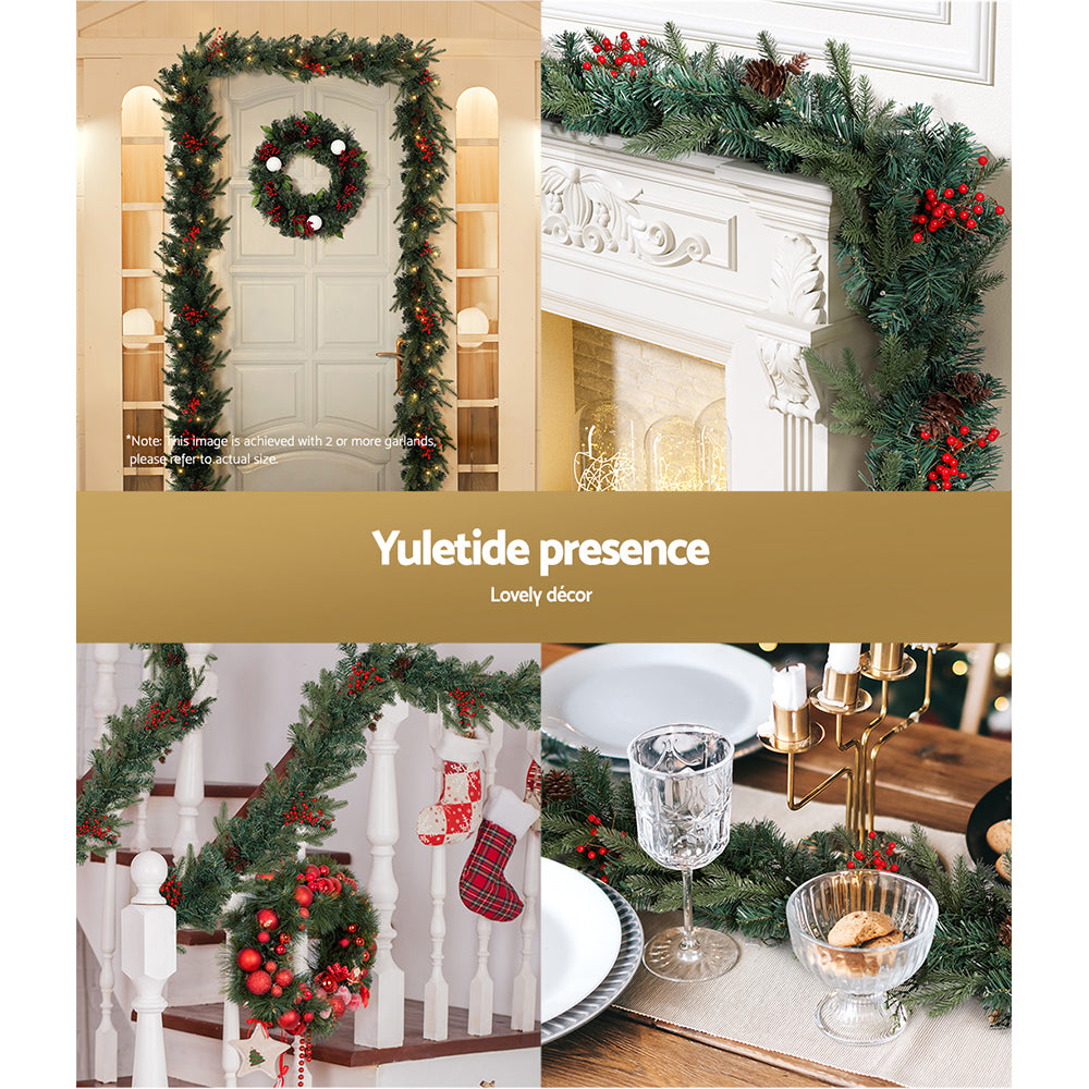 Jingle Jollys 2.4m Christmas Garland with LED Lights Decorations Xmas Party XM-TR-GAR-8FT-BERRY-LED