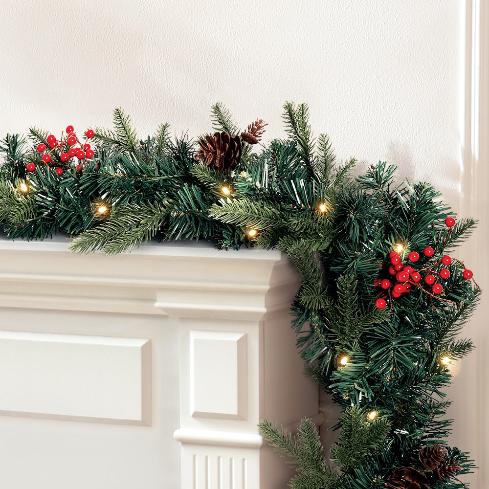 Jingle Jollys 2.4m Christmas Garland with LED Lights Decorations Xmas Party XM-TR-GAR-8FT-BERRY-LED