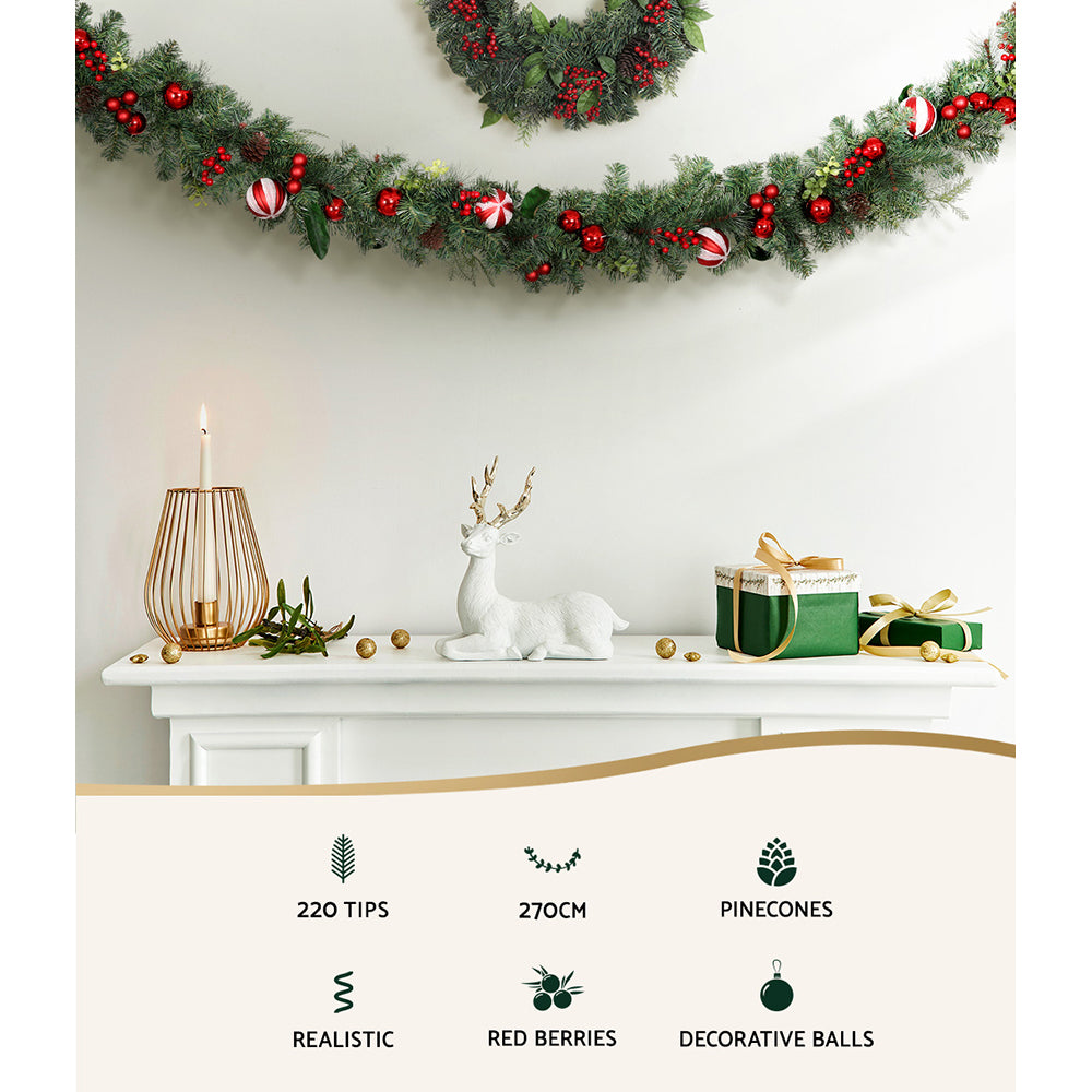 Jingle Jollys 2.7m Christmas Garland with Decorations Xmas Wedding Party XM-TR-GAR-9FT-BERRY-RED