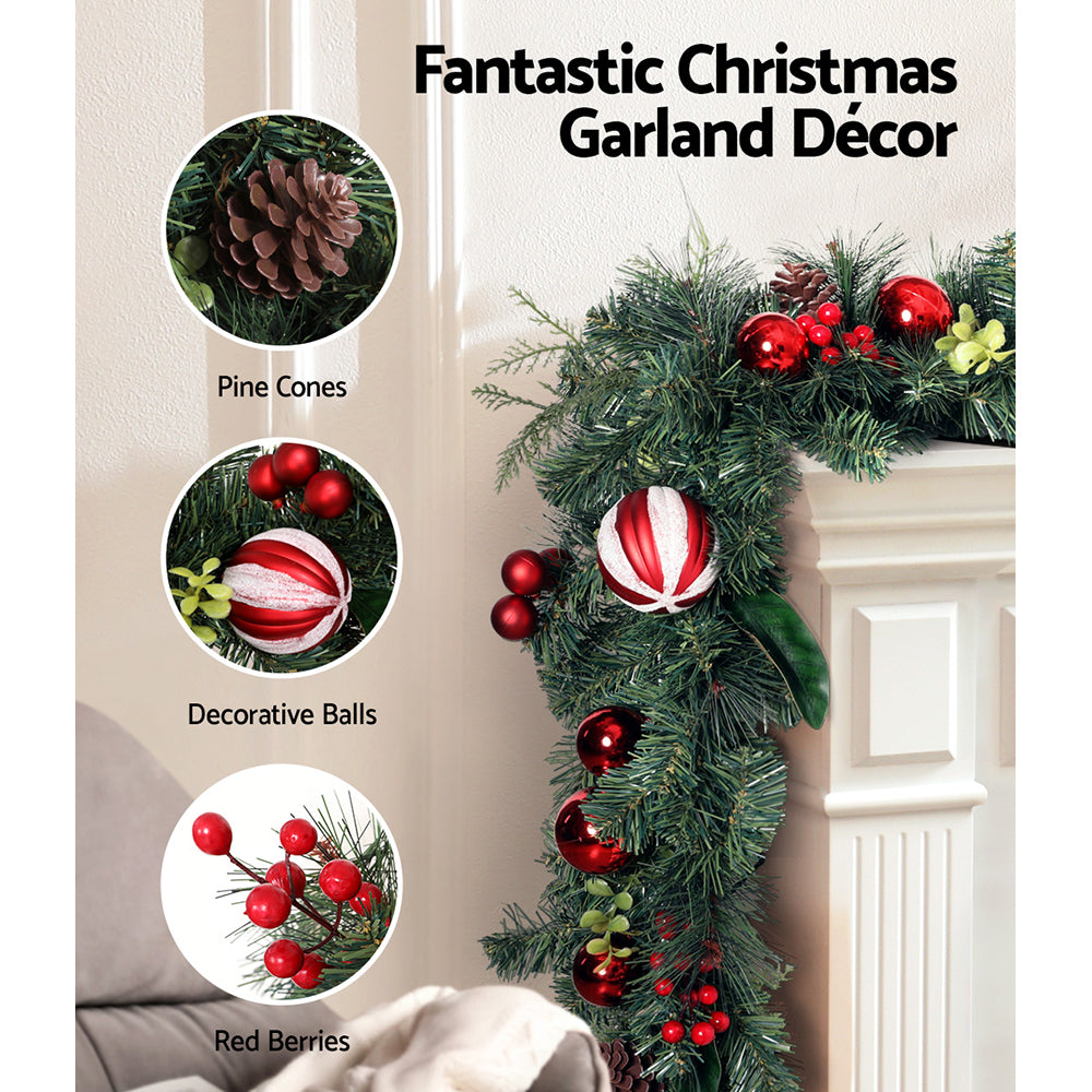 Jingle Jollys 2.7m Christmas Garland with Decorations Xmas Wedding Party XM-TR-GAR-9FT-BERRY-RED