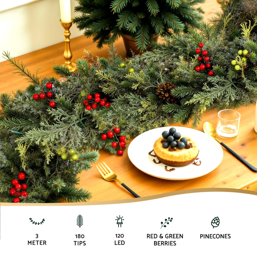 Jingle Jollys 3M Christmas Garland Pre-lit LED with Pine Cones Xmas Decor Green XM-TR-GAR-BR-3M-LED