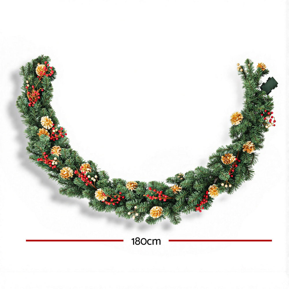 Jingle Jollys 1.8M Christmas Garland Pre-lit LED Pine Cones Berries Xmas Decor XM-TR-GAR-GD-6FT-LED