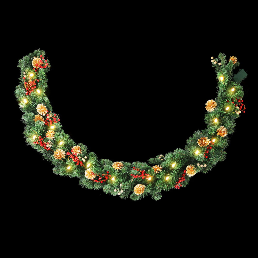 Jingle Jollys 1.8M Christmas Garland Pre-lit LED Pine Cones Berries Xmas Decor XM-TR-GAR-GD-6FT-LED