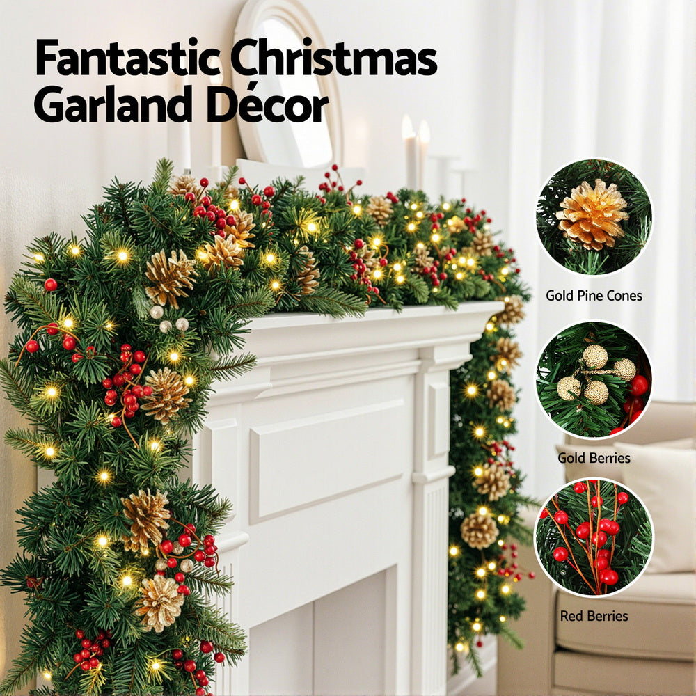 Jingle Jollys 1.8M Christmas Garland Pre-lit LED Pine Cones Berries Xmas Decor XM-TR-GAR-GD-6FT-LED