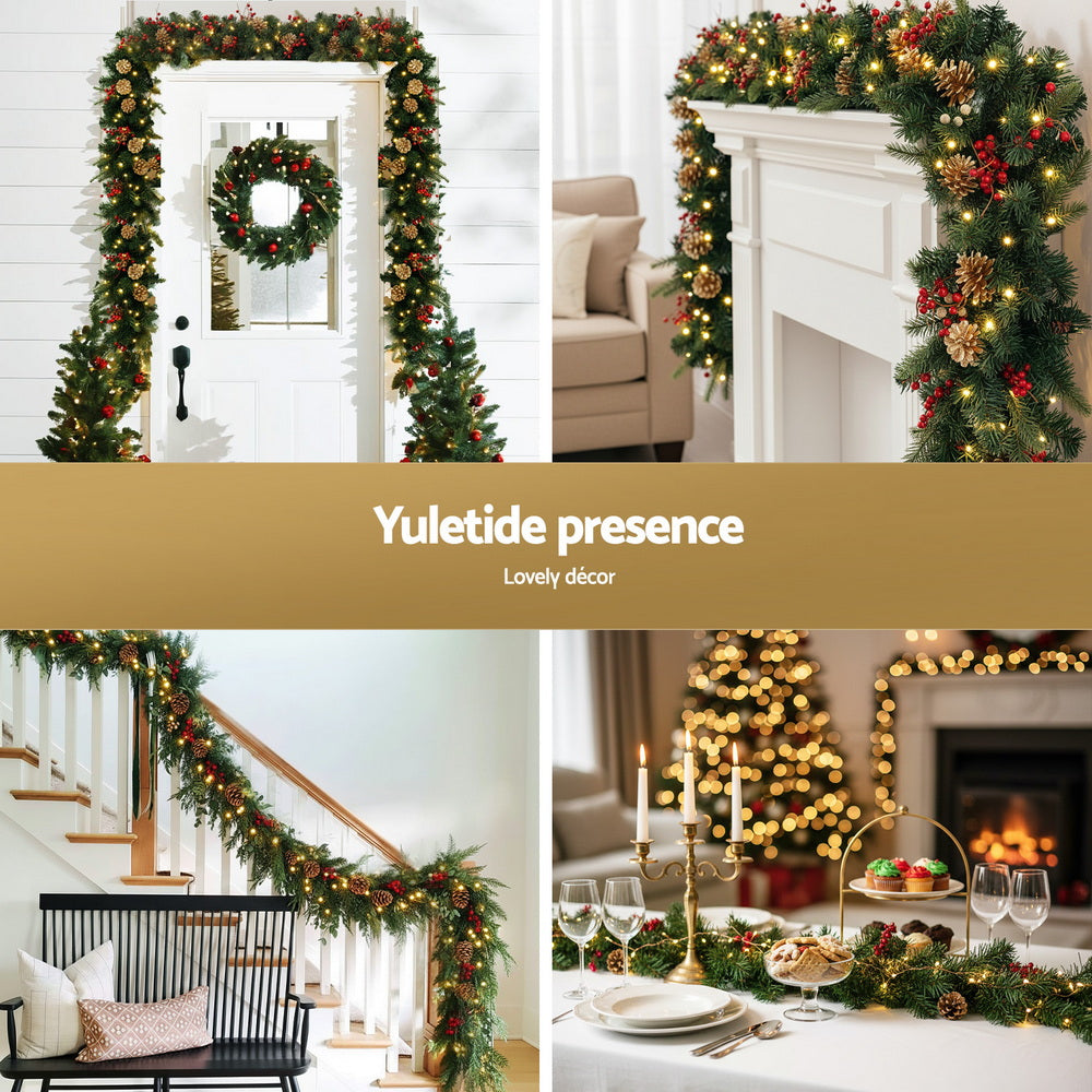 Jingle Jollys 1.8M Christmas Garland Pre-lit LED Pine Cones Berries Xmas Decor XM-TR-GAR-GD-6FT-LED
