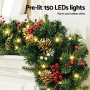 Jingle Jollys 1.8M Christmas Garland Pre-lit LED Pine Cones Berries Xmas Decor XM-TR-GAR-GD-6FT-LED