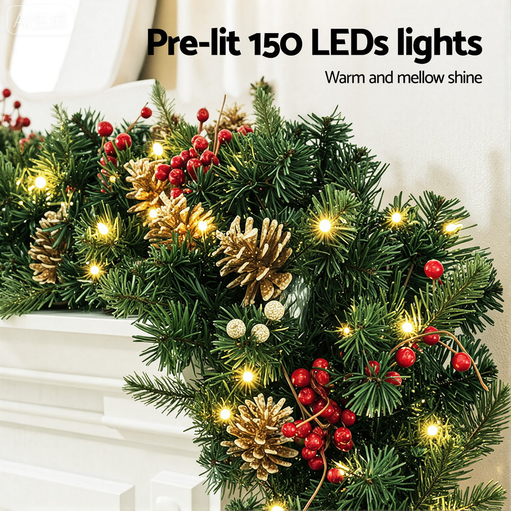 Jingle Jollys 1.8M Christmas Garland Pre-lit LED Pine Cones Berries Xmas Decor XM-TR-GAR-GD-6FT-LED