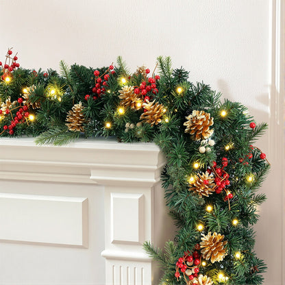 Jingle Jollys 1.8M Christmas Garland Pre-lit LED Pine Cones Berries Xmas Decor XM-TR-GAR-GD-6FT-LED