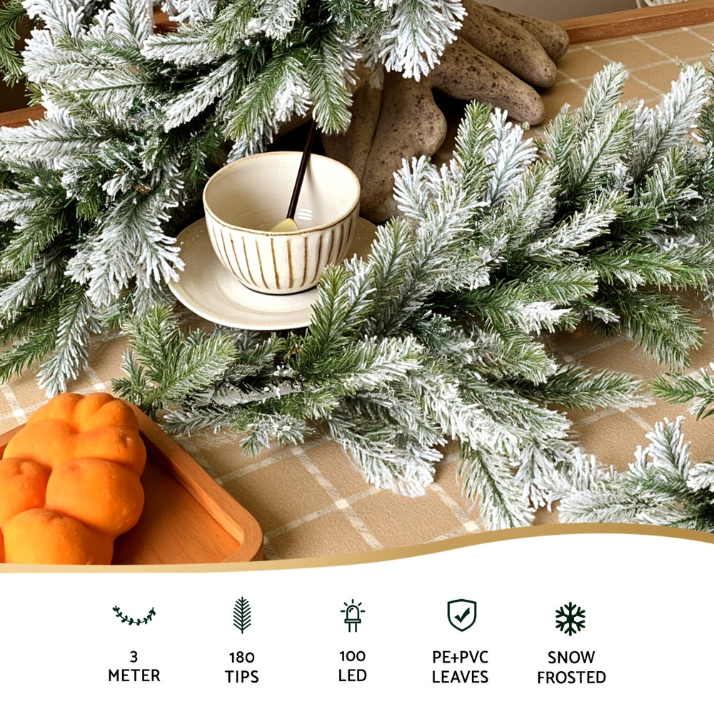 Jingle Jollys 3M Christmas Garland Pre-lit LED Lights Snow Frosted Tips Decor XM-TR-GAR-SNOW-3M-LED