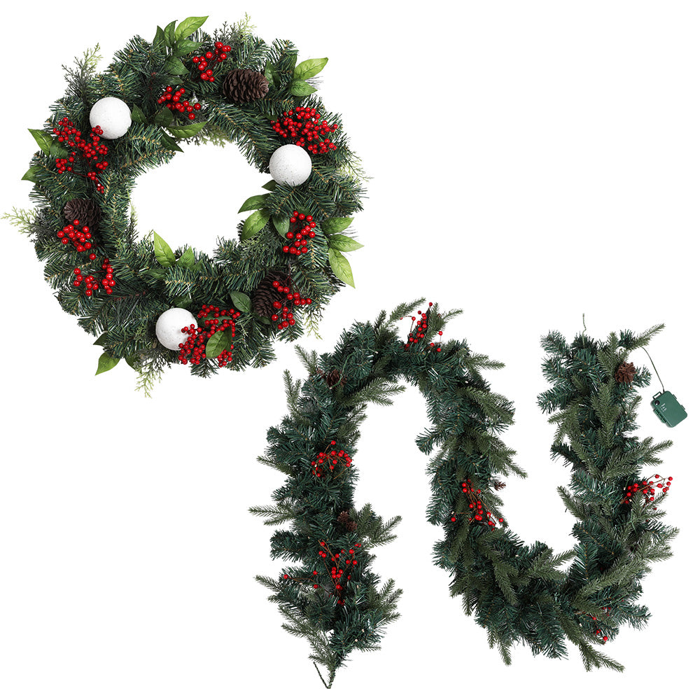 Jingle Jollys Christmas Garland with Wreath Set LED Lights Xmas Tree Decor XM-TR-GAR-WRE-BERRY-LED