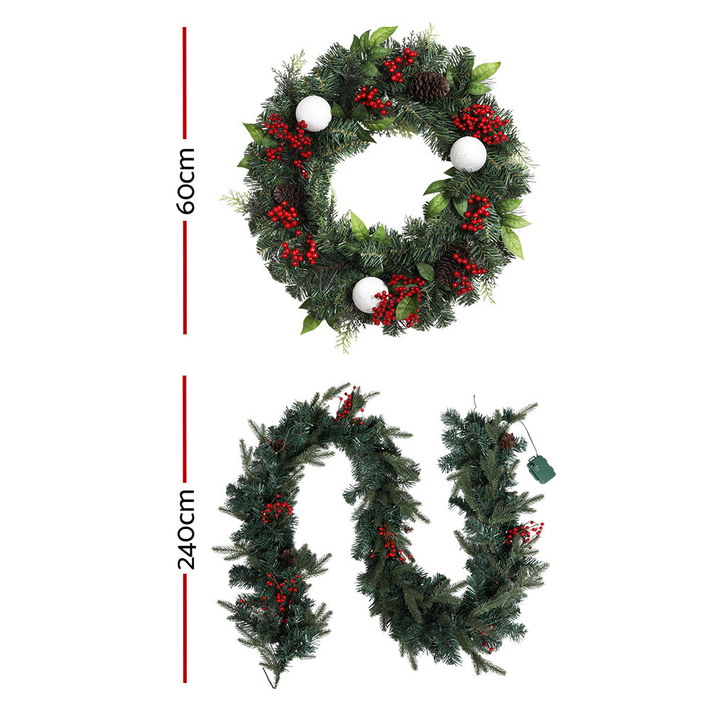 Jingle Jollys Christmas Garland with Wreath Set LED Lights Xmas Tree Decor XM-TR-GAR-WRE-BERRY-LED