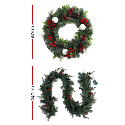 Jingle Jollys Christmas Garland with Wreath Set LED Lights Xmas Tree Decor XM-TR-GAR-WRE-BERRY-LED