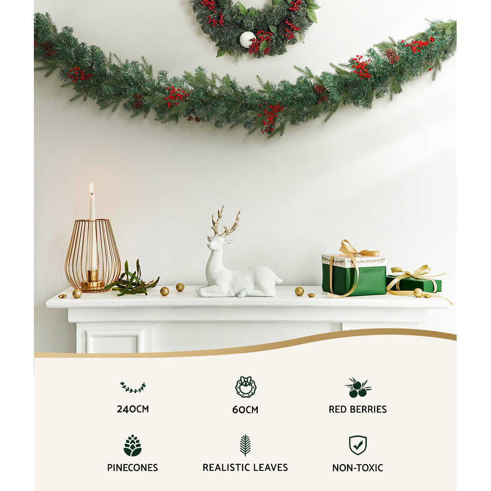 Jingle Jollys Christmas Garland with Wreath Set LED Lights Xmas Tree Decor XM-TR-GAR-WRE-BERRY-LED