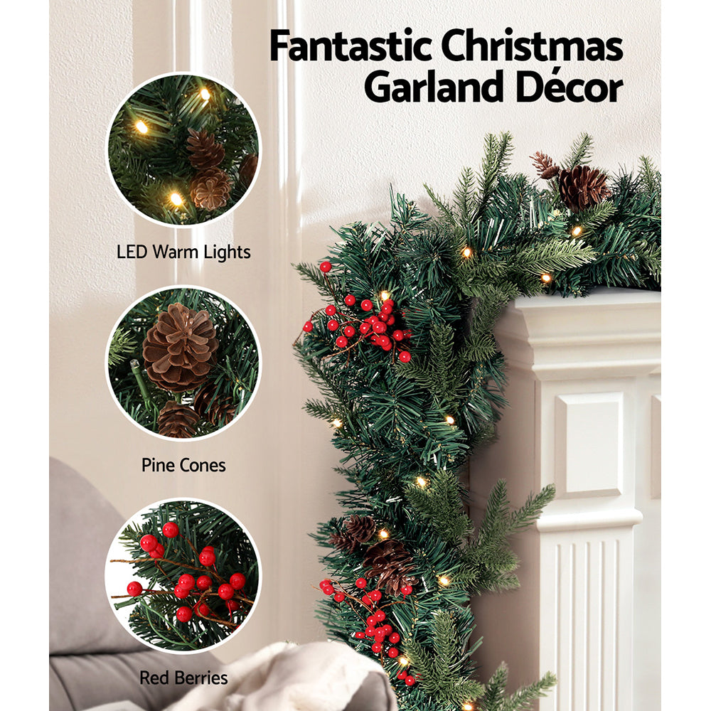 Jingle Jollys Christmas Garland with Wreath Set LED Lights Xmas Tree Decor XM-TR-GAR-WRE-BERRY-LED