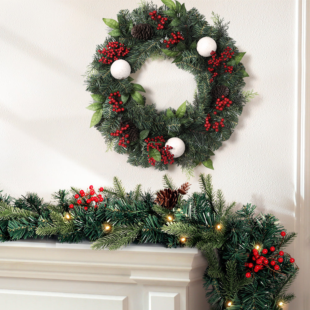 Jingle Jollys Christmas Garland with Wreath Set LED Lights Xmas Tree Decor XM-TR-GAR-WRE-BERRY-LED