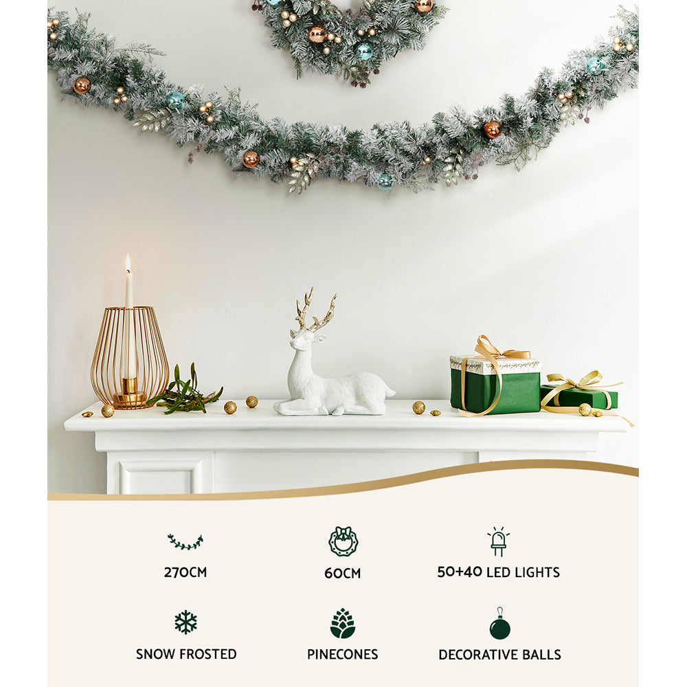 Jingle Jollys 2.7m Christmas Garland with Wreath Set LED Lights Snowy Xmas Decor XM-TR-GAR-WRE-FROST-LED