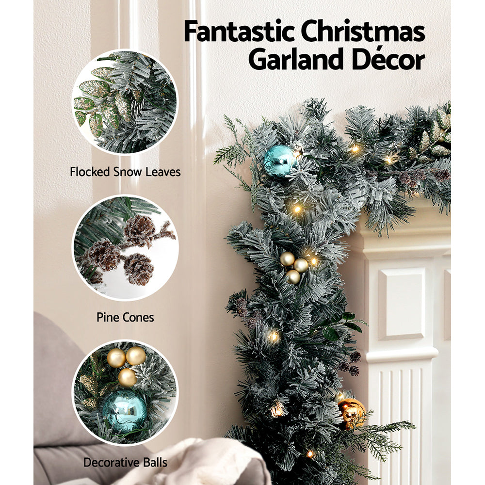 Jingle Jollys 2.7m Christmas Garland with Wreath Set LED Lights Snowy Xmas Decor XM-TR-GAR-WRE-FROST-LED